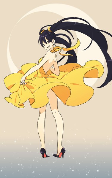 Anime picture 700x1114 with original kurokeisin single long hair tall image black hair smile twintails looking back wind black eyes grey background high heels bare back crescent girl dress moon yellow dress