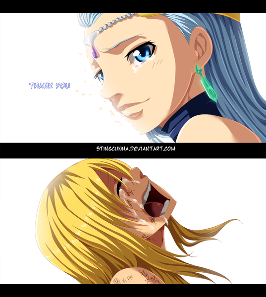 Anime picture 1959x2190 with fairy tail lucy heartfilia aquarius (fairy tail) stingcunha long hair tall image highres open mouth blue eyes simple background blonde hair smile white background multiple girls blue hair eyes closed profile inscription tears coloring