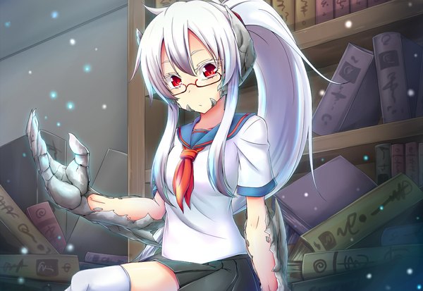 Anime picture 1162x800 with original thedemon (artist) single long hair red eyes ponytail grey hair monster girl girl uniform school uniform glasses book (books)
