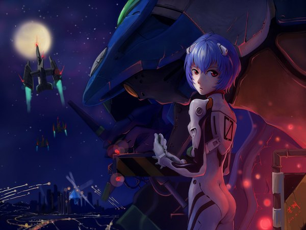 Anime picture 1024x768 with neon genesis evangelion gainax ayanami rei tyc001x single short hair red eyes blue hair looking back night :o flying girl moon star (stars) full moon pilot suit robot mecha