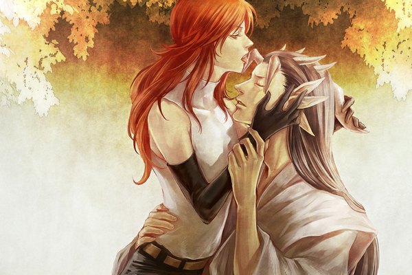 Anime picture 1000x667 with yu yu hakusho kurama yomi tetra takamine long hair open mouth brown hair bare shoulders green eyes red hair eyes closed traditional clothes japanese clothes profile horn (horns) pointy ears multiple boys hug shounen ai licking