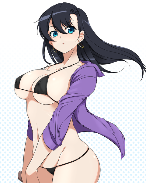 Anime picture 1600x2000 with original haruhisky single long hair tall image fringe breasts blue eyes light erotic black hair hair between eyes large breasts looking away underboob girl swimsuit earrings bikini black bikini hoop earrings