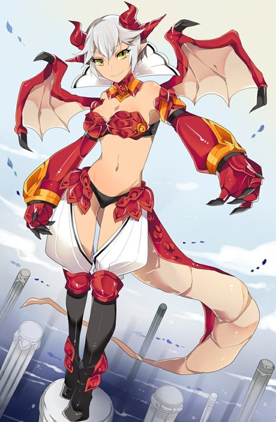 Anime picture 736x1123 with revenge of dragoon ribedora single tall image short hair light erotic smile standing bare shoulders yellow eyes sky silver hair cloud (clouds) tail horn (horns) pointy ears midriff demon wings pointing girl