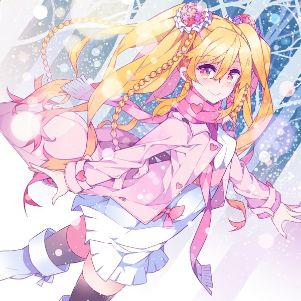 Anime picture 1000x1000 with original haruse hiroki single long hair looking at viewer blush blonde hair smile twintails braid (braids) pink eyes snowing spread arms winter girl thighhighs dress black thighhighs plant (plants) tree (trees)