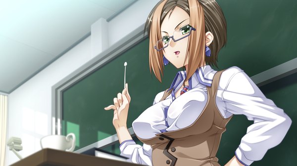 Anime picture 1280x720 with love replica short hair open mouth light erotic brown hair wide image green eyes game cg multicolored hair two-tone hair teacher girl earrings glasses