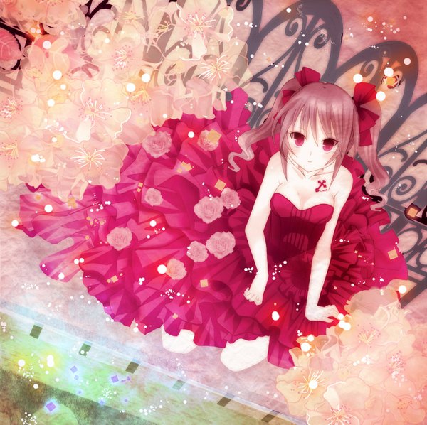 Anime picture 1433x1429 with idolmaster idolmaster cinderella girls kanzaki ranko single long hair looking at viewer fringe breasts red eyes twintails bare shoulders pink hair tattoo drill hair looking up pale skin girl dress flower (flowers) rose (roses)