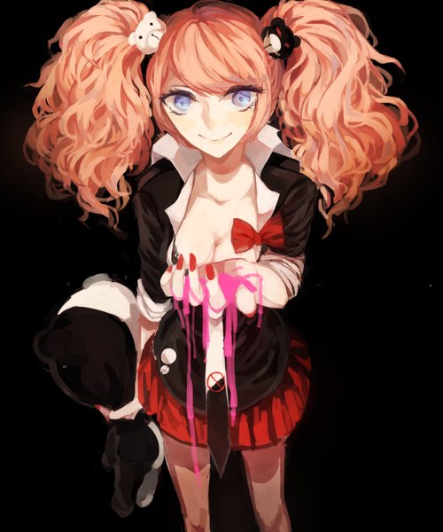 Anime picture 1000x1200 with dangan ronpa enoshima junko monokuma kkkury single long hair tall image looking at viewer fringe breasts blue eyes simple background smile standing twintails holding pink hair nail polish fingernails from below