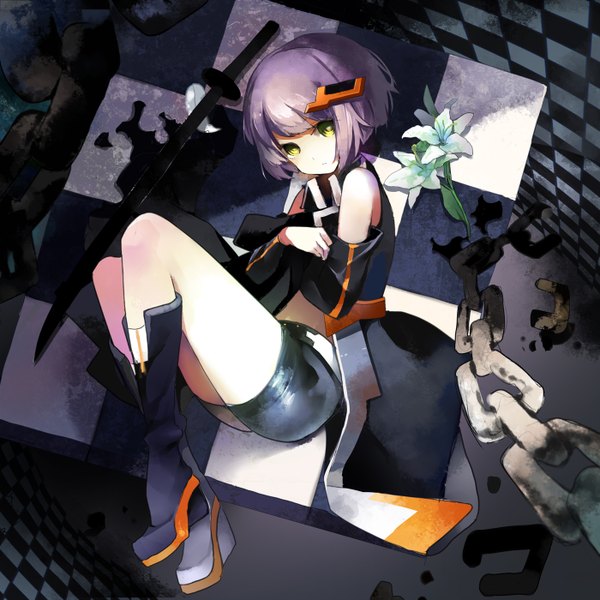 Anime picture 1400x1400 with black rock shooter nana gray yukizakura (neon-neon) single looking at viewer short hair green eyes purple hair checkered floor checkered checkered background girl flower (flowers) weapon detached sleeves sword shorts boots katana chain