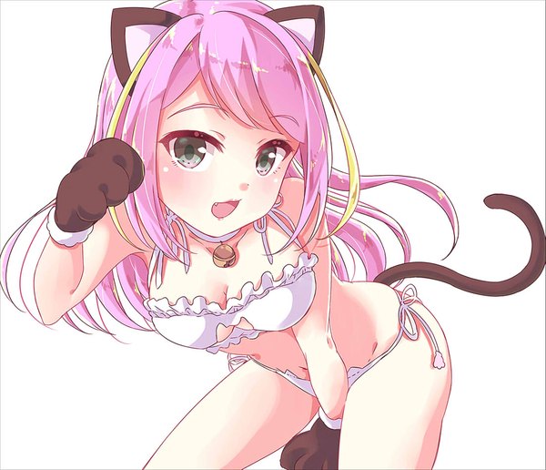 Anime picture 1103x950 with osomatsu-san hashimoto nyaa shitone132 single long hair looking at viewer blush fringe breasts open mouth light erotic blonde hair simple background smile large breasts white background bare shoulders green eyes animal ears pink hair