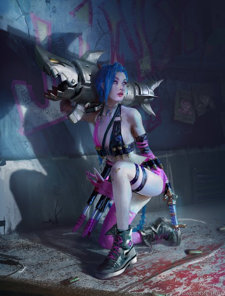 Anime picture 1024x1347 with league of legends jinx (league of legends) hdy9108 single tall image fringe breasts light erotic holding blue hair looking away bent knee (knees) parted lips arm up lips realistic shadow midriff legs flat chest