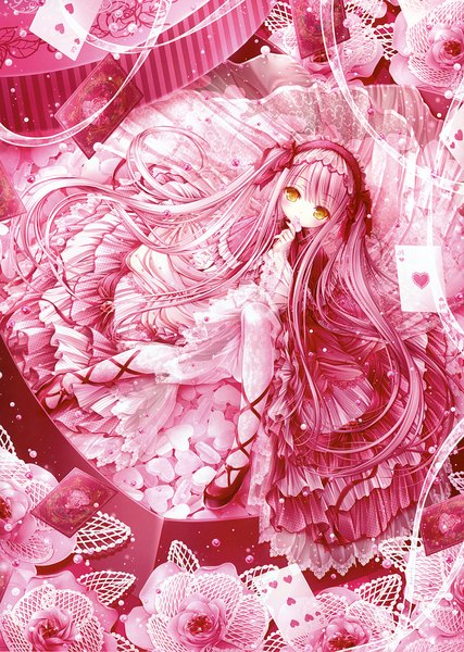 Anime picture 3470x4880 with alice in wonderland queen of hearts tinker bell single tall image looking at viewer highres yellow eyes pink hair absurdres very long hair loli lolita fashion girl dress frills heart card (cards) lolita hairband