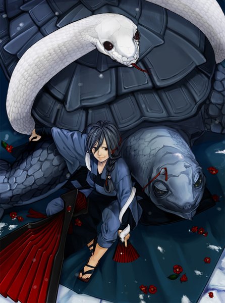 Anime picture 1200x1615 with uro yakuro (artist) tall image braid (braids) flower (flowers) animal fan monster snake turtle