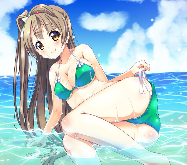 Anime picture 1200x1056 with love live! school idol project sunrise (studio) love live! minami kotori kurou (quadruple zero) single long hair looking at viewer blush breasts light erotic smile brown hair yellow eyes sky cloud (clouds) ass one side up girl bow