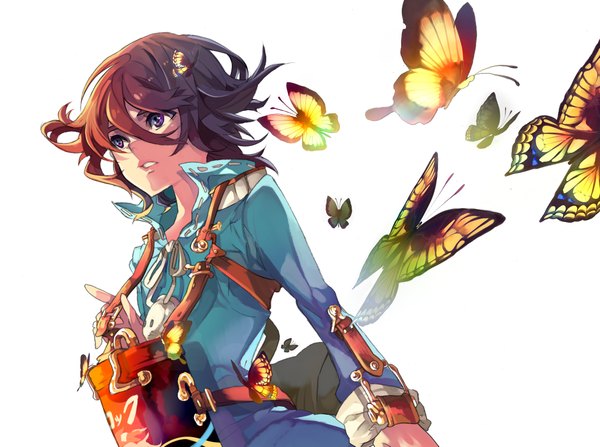 Anime picture 2309x1723 with fragile seto (fragile) tenryou sena highres short hair simple background brown hair white background purple eyes wind girl insect butterfly