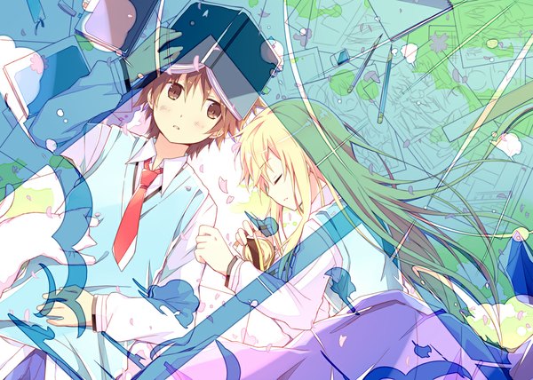 Anime picture 1120x800 with sakura-sou no pet na kanojo j.c. staff shiina mashiro kanda sorata kinoshita neko long hair blush short hair blonde hair brown hair brown eyes lying eyes closed sleeping girl boy petals necktie cat