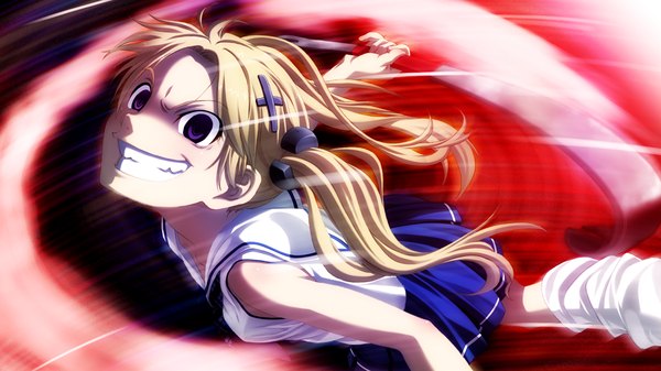 Anime picture 1024x576 with suigetsu 2 long hair blonde hair wide image purple eyes twintails game cg girl skirt serafuku