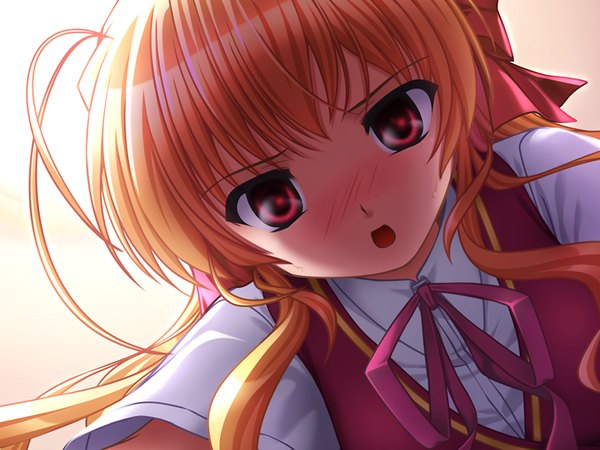 Anime picture 1024x768 with fortune arterial august soft sendou erika single long hair looking at viewer blush fringe open mouth simple background red eyes game cg upper body ahoge orange hair embarrassed close-up shaded face yellow background girl