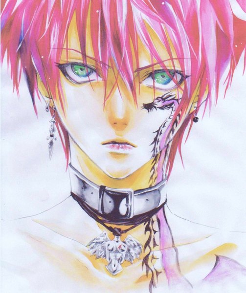 Anime picture 1080x1288 with angel sanctuary michael (angel sanctuary) tagme (artist) tall image simple background white background green eyes pink hair red hair aqua eyes tattoo scar angel boy earrings pendant collar dragon