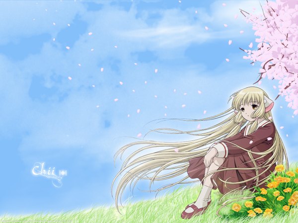 Anime picture 1600x1200 with chobits chii single blonde hair sitting brown eyes looking away sky cloud (clouds) full body bent knee (knees) outdoors very long hair wind character names cherry blossoms hands clasped girl dress flower (flowers)