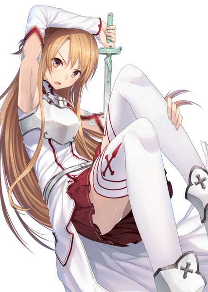 Anime picture 645x904 with sword art online a-1 pictures yuuki asuna ac (eshi) single long hair tall image looking at viewer blush fringe open mouth light erotic simple background blonde hair white background holding brown eyes pleated skirt armpit (armpits) pantyshot