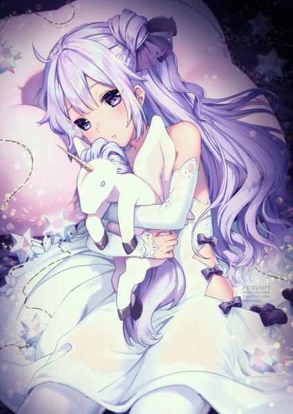 Anime picture 800x1131 with azur lane unicorn (azur lane) rosuuri single long hair tall image looking at viewer blush fringe hair between eyes purple eyes bare shoulders signed payot purple hair ahoge lying parted lips blurry hair bun (hair buns)