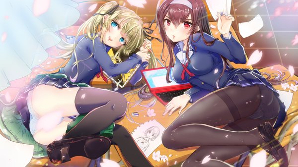 Anime picture 1920x1080 with saenai heroine no sodatekata a-1 pictures kasumigaoka utaha sawamura spencer eriri ricca55 long hair looking at viewer highres breasts open mouth blue eyes light erotic blonde hair smile red eyes brown hair wide image large breasts twintails multiple girls