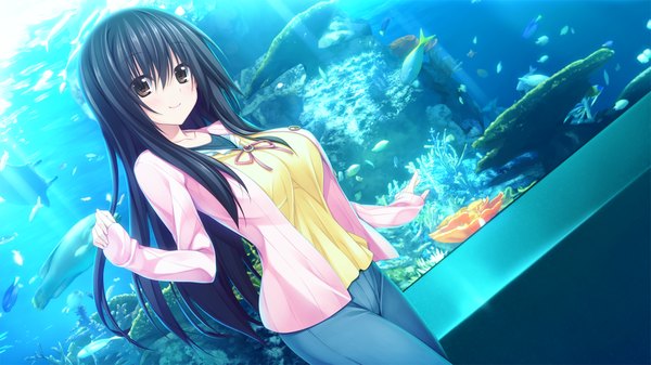 Anime picture 1280x720 with pretty x cation hibiki works yakuouji komachi single long hair looking at viewer black hair wide image brown eyes game cg girl fish (fishes) jeans blue jeans aquarium