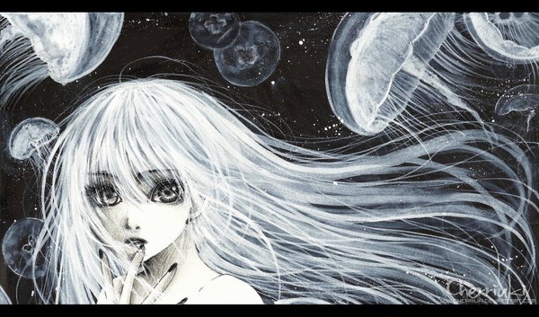 Anime picture 1750x1031 with original cherriuki single long hair looking at viewer fringe highres wide image bare shoulders signed white hair nail polish fingernails wind grey hair grey eyes watermark finger to mouth monochrome portrait