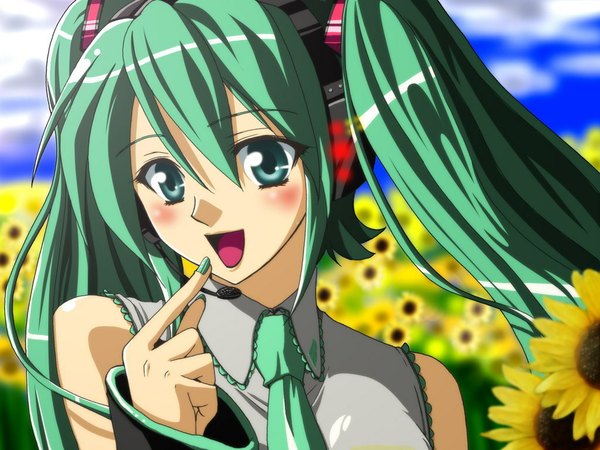 Anime picture 1024x768 with vocaloid hatsune miku blush twintails green eyes nail polish green hair girl flower (flowers) detached sleeves necktie sunflower headset aida ayako