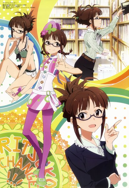 Anime picture 4094x5941 with idolmaster megami magazine akizuki ritsuko iizuka haruko tall image highres short hair smile brown hair brown eyes absurdres braid (braids) official art multiple persona princess melody (idolmaster) girl dress swimsuit bikini glasses