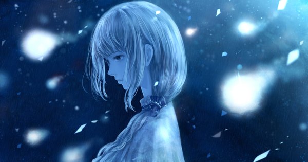 Anime picture 1333x700 with original bounin single long hair fringe wide image looking away profile lips grey hair glowing blue background glow girl scrunchie hair tie