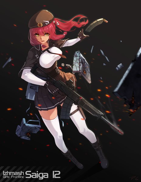 Anime picture 1858x2400 with girls frontline saiga-12 (girls frontline) migime no yuugure single long hair tall image looking at viewer fringe highres breasts open mouth hair between eyes large breasts holding yellow eyes full body red hair pleated skirt zettai ryouiki copyright name