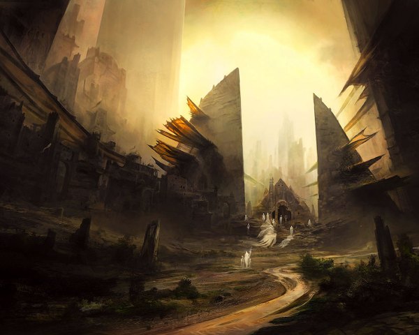Anime picture 1280x1024 with original tagme (artist) outdoors sunlight city light landscape ghost ruins plant (plants) sun road shrine
