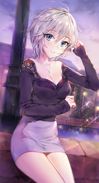 Anime picture 800x1466 with idolmaster idolmaster cinderella girls anastasia (idolmaster) joypyonn single tall image looking at viewer blush fringe breasts blue eyes light erotic smile hair between eyes large breasts sitting bare shoulders sky cleavage cloud (clouds)