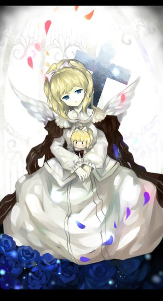 Anime picture 1800x3315 with sound horizon marchen elisabeth von wettin single tall image highres short hair blue eyes blonde hair light girl dress petals wings rose (roses) cross blue rose doll (dolls)
