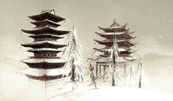 Anime picture 1191x702 with original ibuki satsuki wide image sky snowing winter snow mountain no people landscape weapon plant (plants) tree (trees) building (buildings) spear