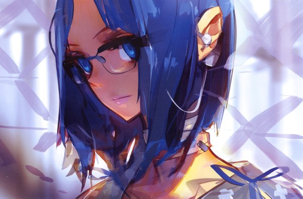 Anime picture 3205x2113 with original pixiv girls collection panamaman single long hair looking at viewer highres short hair blue eyes blue hair absurdres close-up face girl ribbon (ribbons) glasses headphones bandage (bandages) microphone