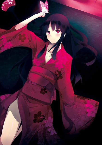 Anime picture 800x1132 with original daiaru single long hair tall image blush black hair red eyes lying traditional clothes japanese clothes girl kimono insect butterfly obi fan