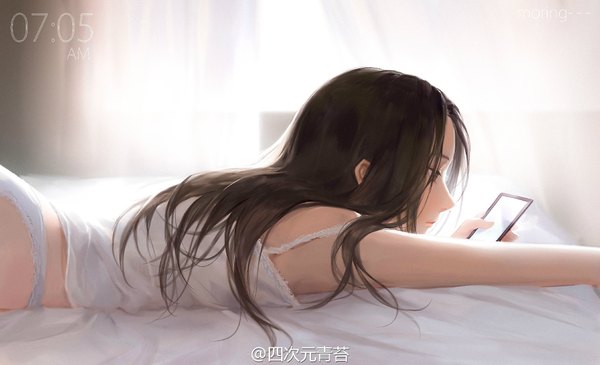 Anime picture 2048x1247 with original moss (2225028) single long hair highres light erotic black hair wide image holding signed looking away upper body indoors lying profile outstretched arm hieroglyph on stomach time girl