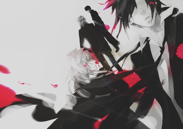 Anime picture 1280x907 with original kaninnvven long hair fringe short hair open mouth black hair looking away white hair profile wind from behind hair over one eye multiple boys dutch angle back monochrome group polychromatic cover