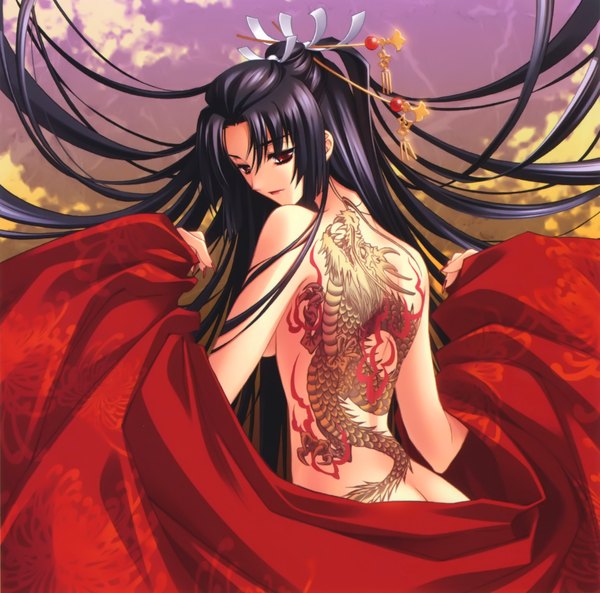 Anime picture 3536x3496 with carnelian single long hair blush highres light erotic black hair red eyes absurdres sky ponytail tattoo girl hair ornament dragon