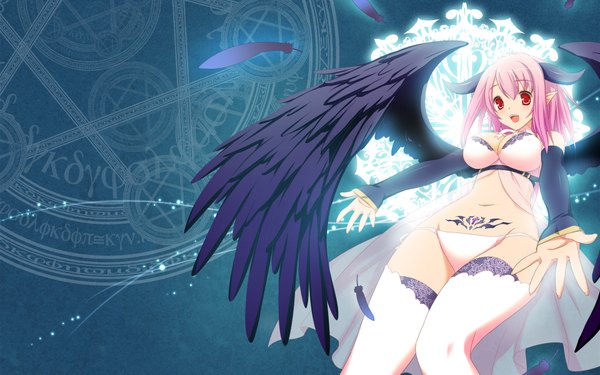 Anime picture 1920x1200 with 47agdragon single highres short hair breasts open mouth light erotic red eyes wide image large breasts pink hair tattoo girl thighhighs navel underwear panties detached sleeves white thighhighs wings