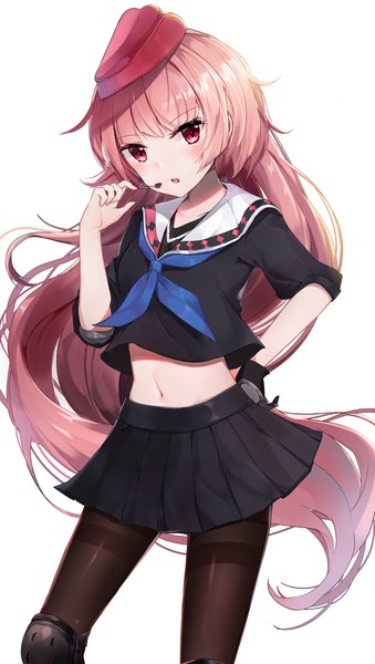 Anime picture 2671x4724 with girls frontline ntw-20 (girls frontline) bada (jksh5056) single tall image looking at viewer fringe highres open mouth simple background red eyes standing white background pink hair blunt bangs very long hair bare belly :o midriff hand on hip