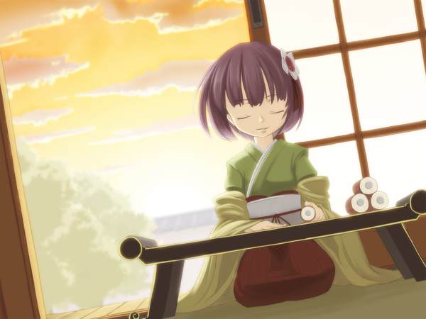 Anime picture 1600x1200 with touhou hieda no akyuu single fringe short hair smile sitting sky purple hair cloud (clouds) indoors blunt bangs eyes closed traditional clothes japanese clothes hair flower sunlight dutch angle evening sunset