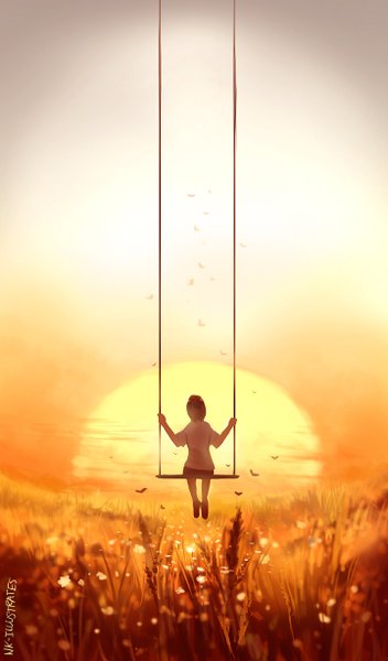 Anime picture 720x1224 with original jon-lock (artist) single tall image short hair brown hair sitting signed from behind sunlight evening sunset flying field girl skirt sun swing