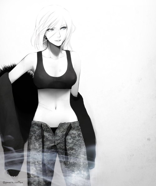 Anime picture 1280x1532 with original poaro single tall image short hair simple background standing white background bare shoulders looking away white hair parted lips light smile bare belly monochrome smoke pale skin open pants girl navel