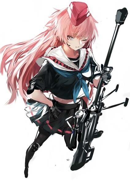 Anime picture 1000x1414 with girls frontline ntw-20 (girls frontline) ran (pixiv2957827) single long hair tall image fringe simple background white background holding looking away pink hair parted lips pleated skirt one eye closed pink eyes from above spread legs hand on hip girl