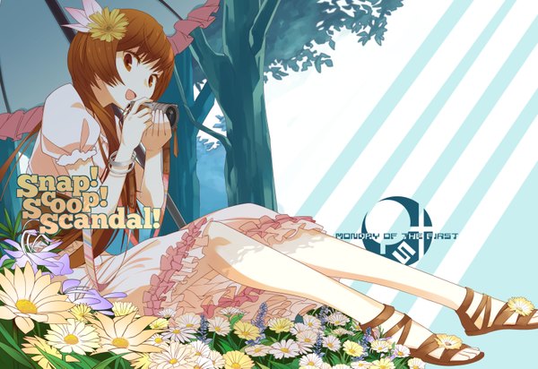 Anime picture 1577x1085 with nisekoi shaft (studio) tachibana marika total9 single long hair looking at viewer open mouth brown hair sitting brown eyes hair flower inscription girl dress hair ornament flower (flowers) plant (plants) tree (trees) frills