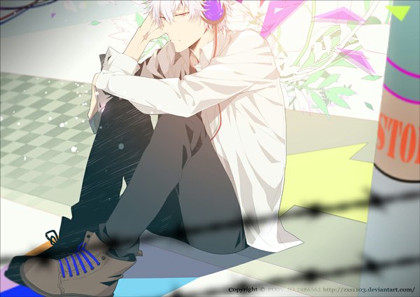 Anime picture 1000x707 with gintama sunrise (studio) sakata gintoki zxs1103 single looking at viewer short hair sitting signed white hair inscription orange eyes checkered boy headphones wire (wires) directional arrow