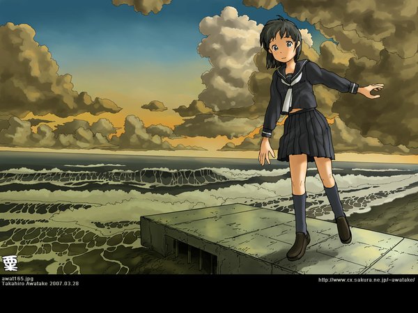 Anime picture 1024x768 with cloud (clouds) beach uniform school uniform sea awatake